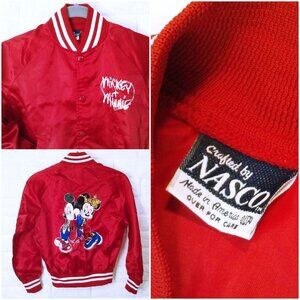 Vintage 80s Nasco Bomber Jacket Youth(10/12) Walt Disney Mickey Minnie Red Satin